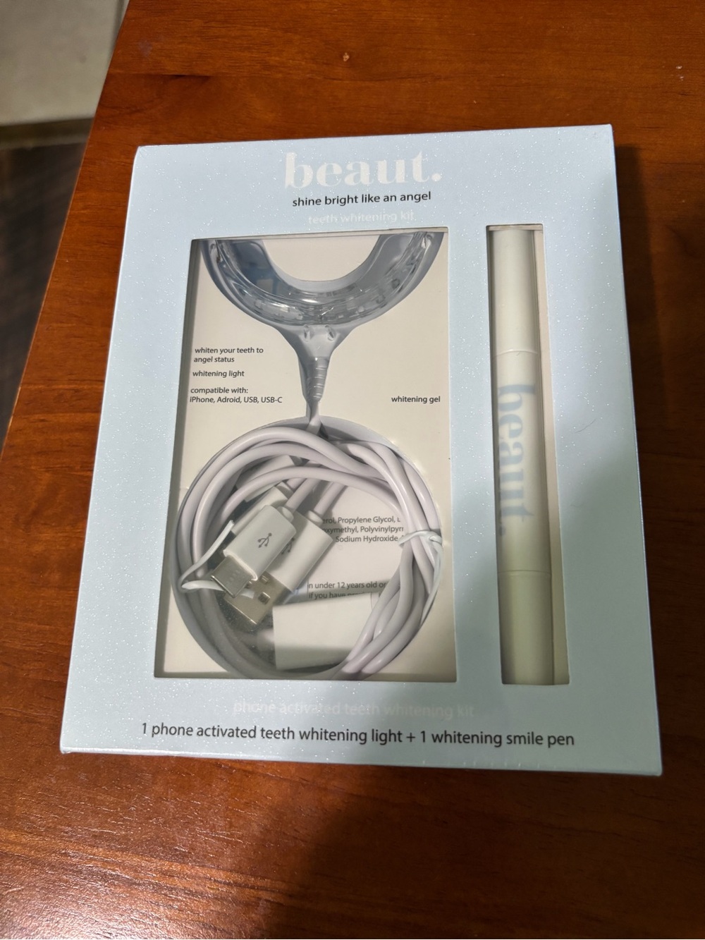 White Phone-Activated Teeth Whitening Kit with USB Cable